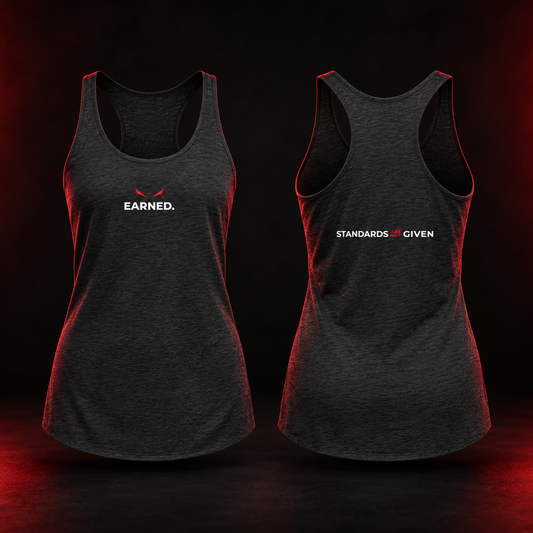 Front and back views of a dark heather gray racerback tank top. The front features the word 'EARNED.