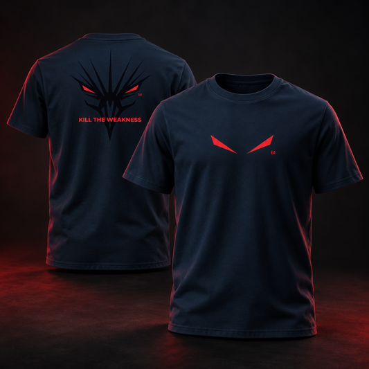 Two navy blue short-sleeve t-shirts shown against a dark studio background, displaying the front and back designs. The front shirt features a red stylized eye logo on the left chest, while the back shirt features a larger version of the same logo with red eyes and the text 'KILL THE WEAKNESS' in red below it.
