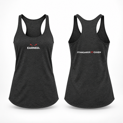 Two views of a dark heather gray racerback tank top on a white background. The front view shows the word 'EARNED.