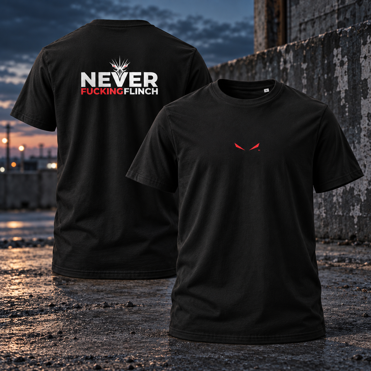 Two black short-sleeve t-shirts shown outdoors against a concrete wall at dusk. The back shirt displays a large white and red graphic reading 'NEVER FUCKING FLINCH' with a white burst symbol above it.