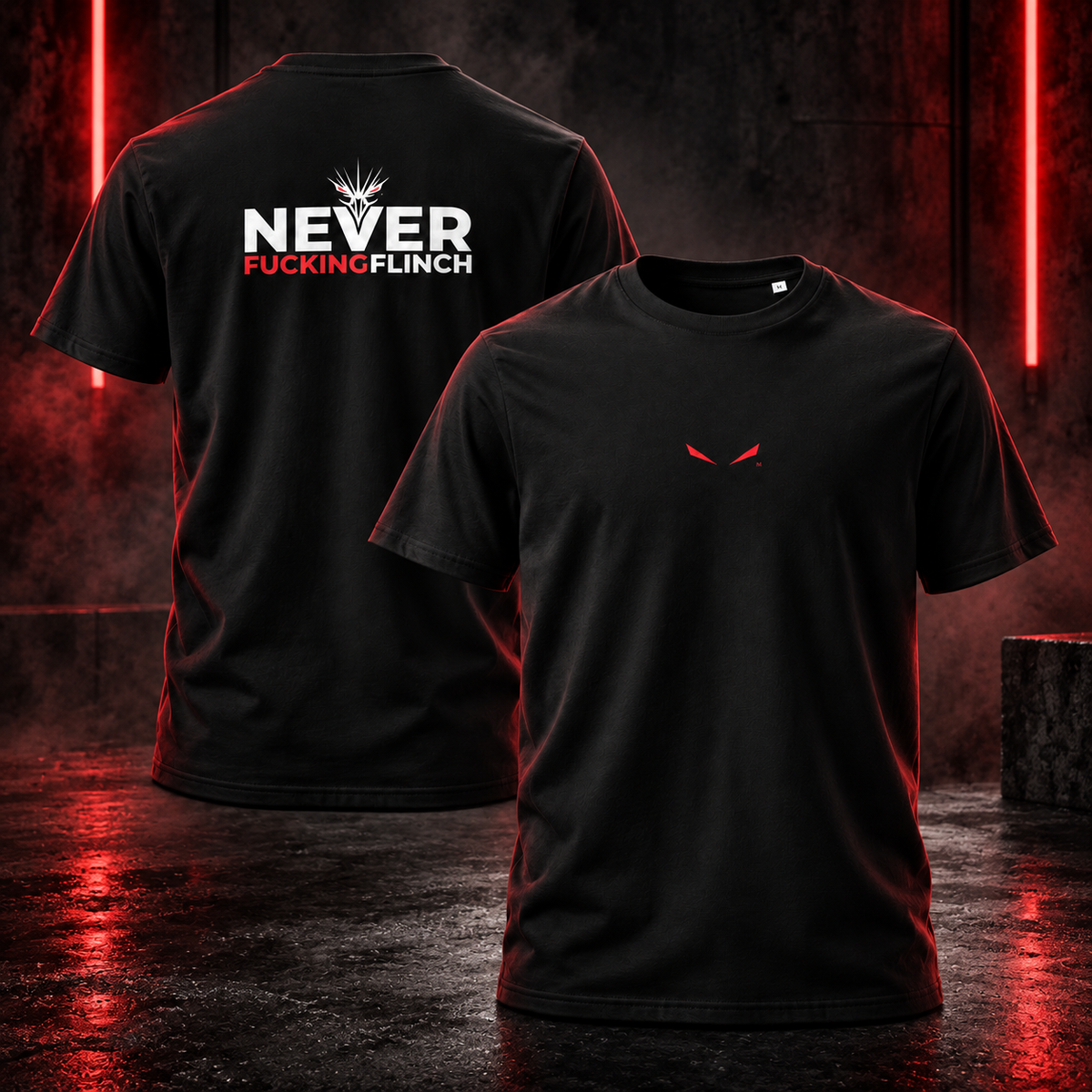 Two black short-sleeve T-shirts shown in a dramatic studio setup with red neon lighting. The front shirt displays a small red stylized logo on the chest, and the back shirt shows large white and red text reading “NEVER FUCKING FLINCH.