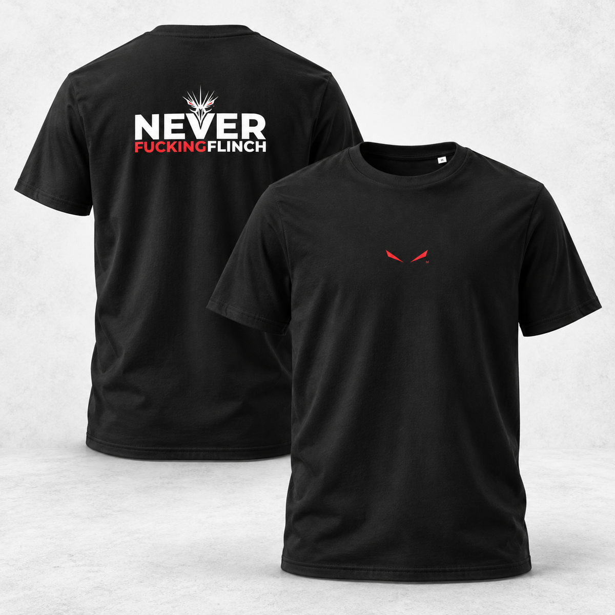 Two black short-sleeve t-shirts shown on a light gray studio background, with the back view on the left and the front view on the right. The back shirt has a large white and red graphic reading “NEVER FUCKING FLINCH” with a small white crown-like symbol above the text.