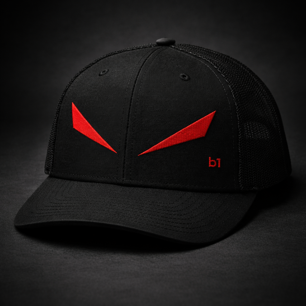 A black trucker-style baseball cap with red embroidered graphic details on the front and side, photographed against a dark studio background.