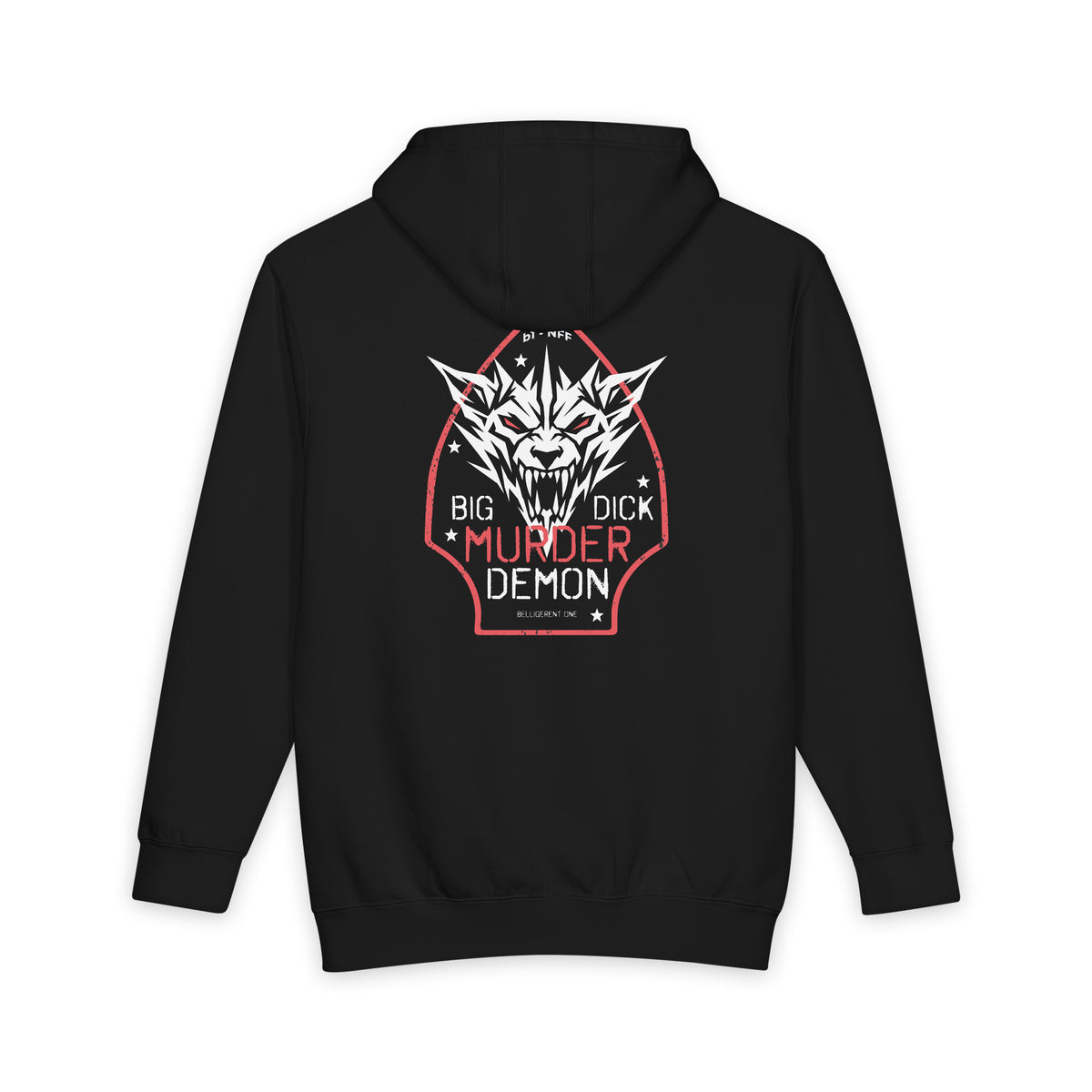Back of the black Big Dick Murder Demon heavyweight hoodie with original red and white demon crest