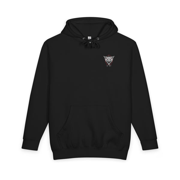 Front of the black heavyweight hoodie with small b1–NFF spearhead chest insignia